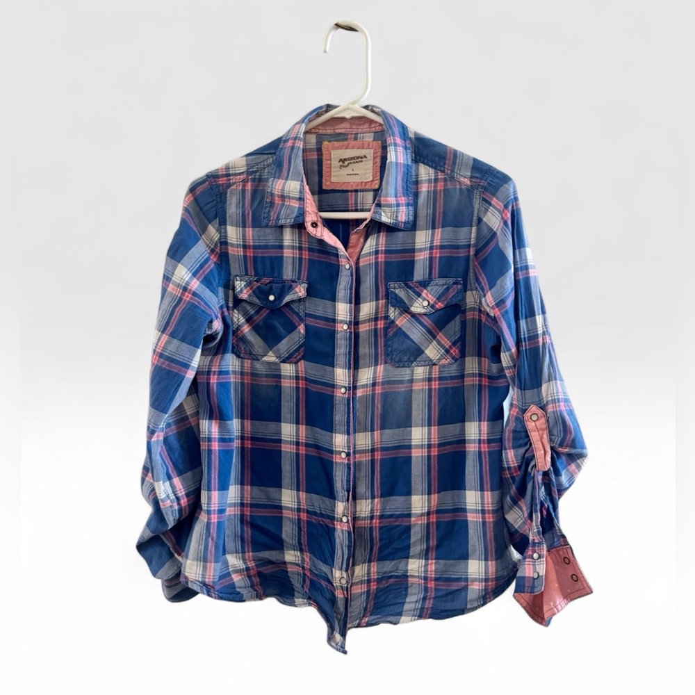 Arizona Jean Company Blue and Pink Plaid Button-Down Shirt distressed